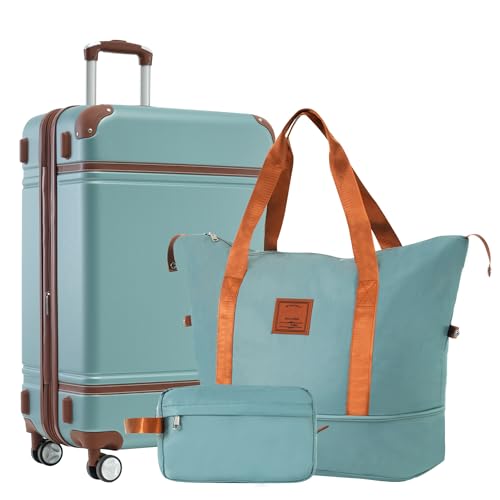 Hardshell Luggage Sets with Bags Lightweight Suitcase Double Spinner Wheels with TSA Lock,Single Vintage Luggage 24 IN,Green - Main Image