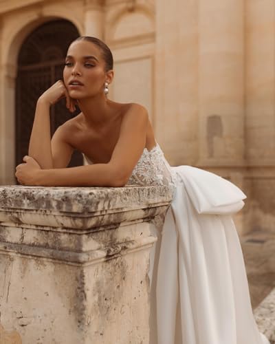 Syzrxyle Satin Wedding Dress For Women 2026 Strapless Big Bow Bridal Gowns For Bride Boho Beach Satin Lace Applique Bride Dress White Us12 #TOP19