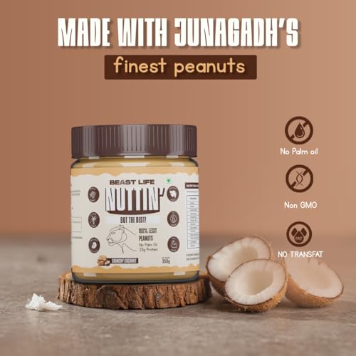 Image of BeastLife Crunchy Coconut Peanut Butter | 24.5 G Protein | 350 gm | 100% Peanuts, High Protein | Zero Palm Oil | Non‑GMO Nut Butter | Fitness-Friendly Spread | Zero Cholesterol