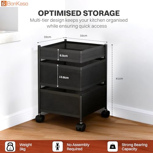 Image of BonKaso 3-Layer Multipurpose Kitchen Trolley with Swivel Storage Basket & 360 Rotating Wheels, Black Steel Frame, Easy Mobility, Space-Saving and Durable