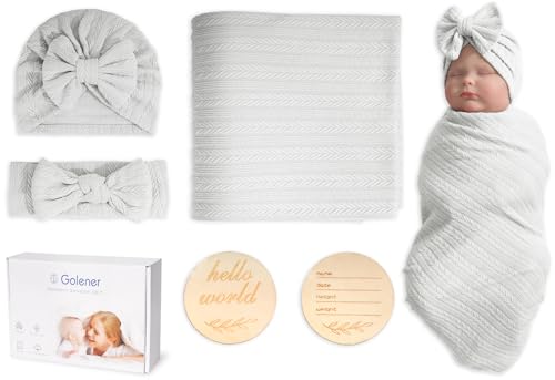 Image of Muslin Blanket,Baby Swaddle Set Newborn - Receiving Headband Blankets and Bow Hat,Newborn Essentials, Soft Nursery Swaddling Blankets，Stretchy Baby Blankets for Girls and Boys Unisex(White)
