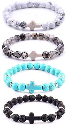 Softones 4PCS Cross Beads Bracelet for Men Women 8mm Healing Lava Stone Stretch Bracelets,7.5" …