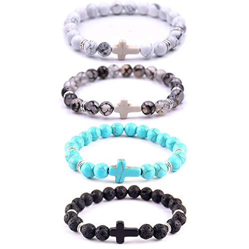 Softones 4Pcs Cross Beads Bracelet For Men Women 8Mm Healing Lava Stone Stretch Bracelets,7.5" … #TOP1