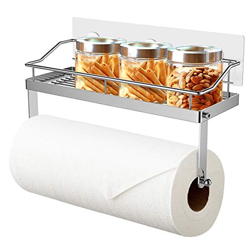ODesign Paper Towel Holder with Shelf Adhesive Wall Mount 2-in-1 for Kitchen Shower Bathroom Organizer Storage Rustproof SUS304 Stainless Steel - No Drilling