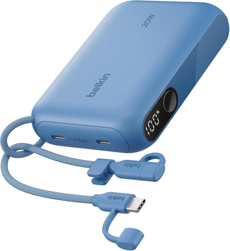 Belkin Portable Charger, Slim USB-C Power Bank 10,000mAh w/ 2 USB-C Ports, Digital Battery Display, 20W Charging for iPhone 17, 16, Plus, Pro, Pro Max, Samsung Galaxy S25, S24, Pixel 10, iPad, & More