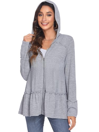 Image of DEESHA Plus Size Zip Up Hoodie for Curvy Women Spring Ruffle Hooded Sweatshirts Jacket Cardigans Lightweight