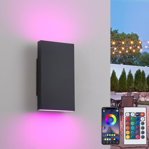 Image of 10 inch RGB Modern Outdoor Wall Light Color Changing Outdoor Sconce Lights with Remote Control or App Control, Black Up and Down Exterior Lighting Fixtures for House Garage Patio Porch