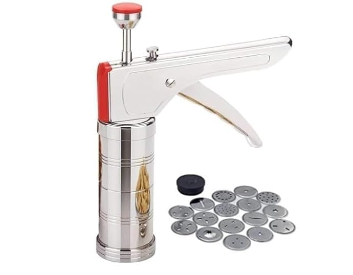 15 in 1 Stainless Steel Kitchen Press for Murukku Chakli Sev Idiyappam Noodles Gathiya Bhujia Cookies Namkeen Snack Maker with Hand Chakli Silver and Red 1PCS-image-39