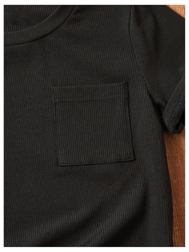 OYOANGLE Girl's Ribbed Knit T Shirt Crew Neck Short Sleeve Solid Casual Tee Tops with Pocket4