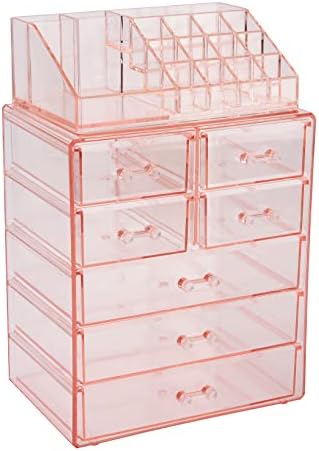 ZHIAI Cosmetic Makeup and Jewelry Storage Case Display - Spacious Design - Great for Bathroom, Dresser, Vanity and Countertop (1 Top 7 Drawers, Pink)
