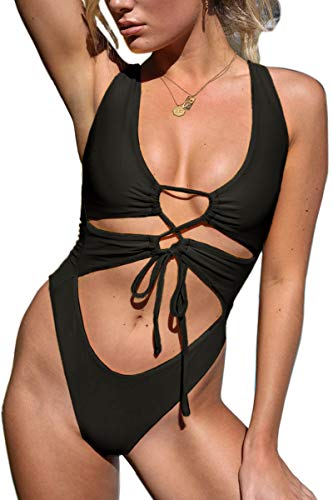 Chyrii Women's Black Sexy Cutout Lace Up Backless High Cut One Piece Swimsuit Monokini M #TOP2