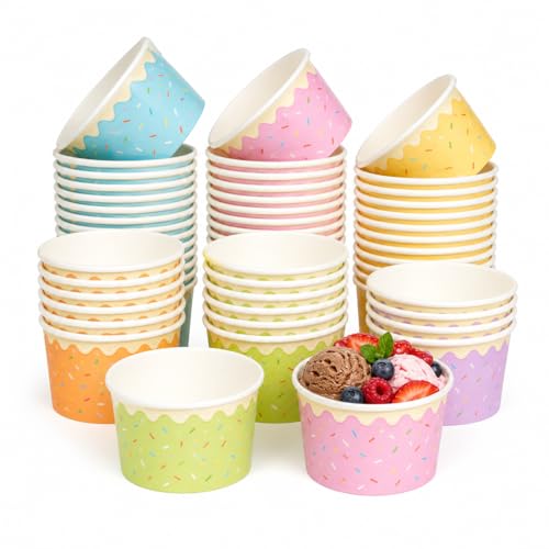 JOYELL 60 Pack Ice Cream Tubs 5.5oz(160ML) Disposable Dessert Bowls with Fun Dripping Design Colorful Dessert Cups for Social Birthday Carnival Sturdy Paper Ice Cream Pots for Sweets & Sundaes