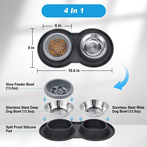 Burgeonnest Slow Feeder Dog Bowls Small Size,13 Oz Cat Food Bowls, 4-In-1 Cat Slow Feeder With No-Spill Silicone Feeding Mat, Stainless Steel Anti Vomiting Pet Bowl Set, Perfect For Puppy, Kitten #TOP2