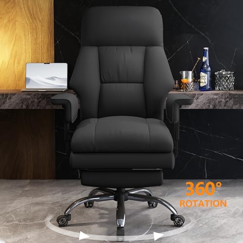 Image of Office Chair with Leg Rest, Leather High Back Executive Office Chair with Wheels, Ergonomic Desk Chairs with Lumbar Support for Home Office, Black