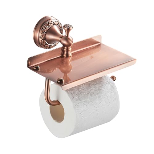 Red Copper Bath Toilet Paper Holder with Phone Shelf, Wall