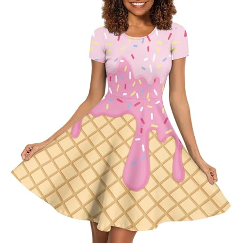 Image of POLERO Women Puffy Swing Elegant Party Midi Dresses Short Sleeve Round Neck A-Line Dress