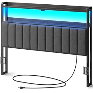 Rolanstar Headboard for Queen Size Bed with Storage, 60,000 DIY Color of LED Light, Head Board with USB & Type C Port, Height Adjustable, Black Upholstered Cabeceras de Cama Comfortable Modern, Linen
