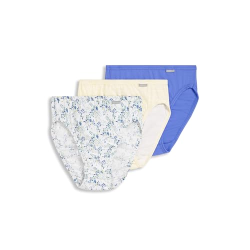 Image of Jockey Women's Underwear Elance French Cut - 3 Pack Underwear Women Pack, 100% Cotton, Iris Blue /Tender Yellow Stripe /Dainty White Florals, 6