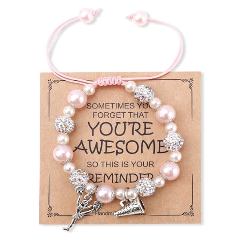 Cheer Bracelet with Encouragement Card, Positive Cheerleading Beaded Charm Bracelet with Rhinestones Beads Jewelry Gifts for Cheer Team Cheerleader