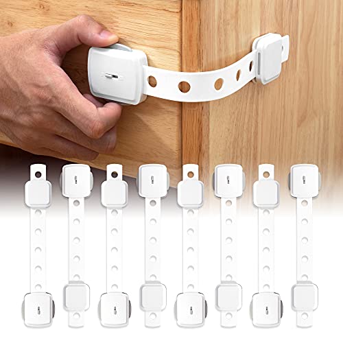 TILLYOU Child Safety Strap Locks (8 Pack) Baby Proofing Cabinet Locks Adjustable Strap Latches with 8 Extra 3M Adhesive for Cabinets, Drawers, Fridge, Dishwasher, Toilet, No Drilling