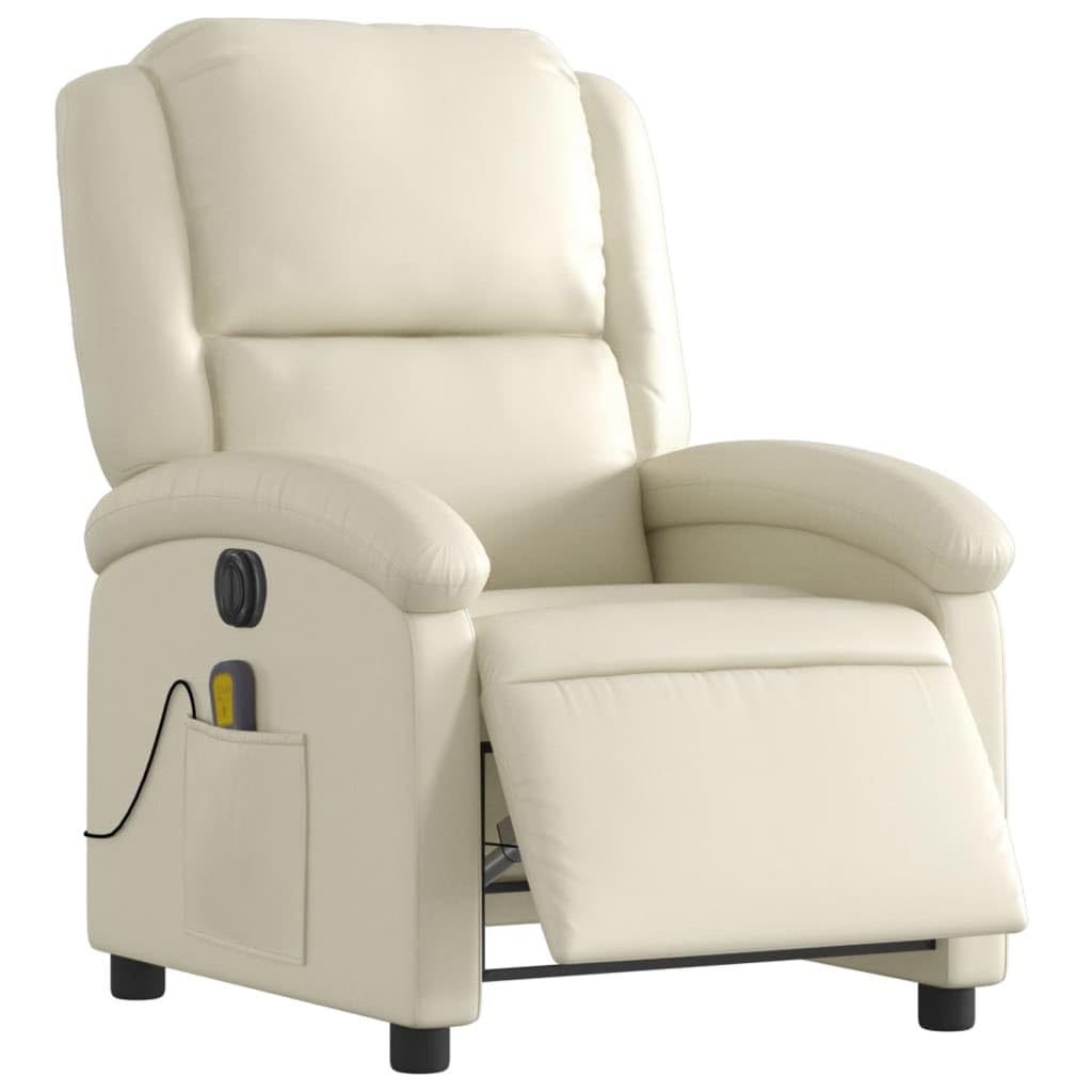 Massagesessel elektrisch in Creme Kunstleder mit 6-Punkt-Vibrationsmassage, Verstellbarer Rückenlehne und Fußstütze, Holz-Metall-Gestell, ergonomischer Sessel mit Seitentasche