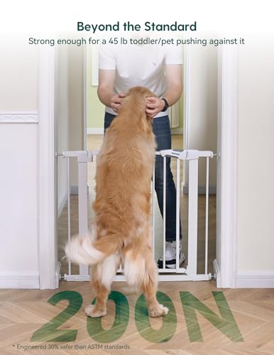 BABELIO 91.4 CM Tall Metal Baby Gate, 73.7-122 CM Auto Close Pressure Mounted Dog Gate for Stairs, Doorways & Hallway, Easy Walk Thru Pet Gate, Child Gate with 2*Y Spindle Rods, White - Image 3
