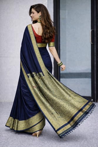 Image of Women's Glory Banarasi Satin Silk Saree with Rich Zari Woven Border & Pallu | Soft Glossy Party Fancy Traditional Saree for Wedding, Festive, Function | Blouse Piece Included