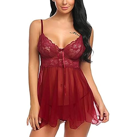 Bunanphy Women's Sexy Lingerie Floral Lace V Neck Mesh Chemise Sexy Sheer Babydoll Wine Red #B 12-14 Cover