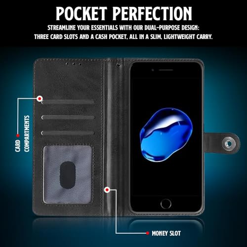 Image of WOW IMAGINE Shock Proof Flip Cover Back Case for Apple iPhone 7 Plus | 8 Plus (Designer Magnetic Button Flip Case | Inbuilt Wallet Pockets & Stand | Leather Finish | Haze Black)