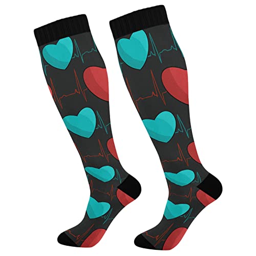 Wusikd Turquoise Hearts Compression Socks for Women and Men Circulation Red Hearts Long Socks for Athletic Running 1