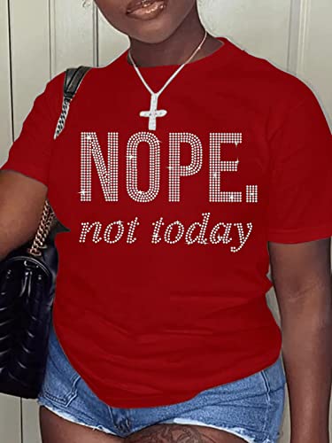 Hilinker Women's Rhinestone Funny Cute Tops Letter Print Casual Loose Summer T Shirt Nope Red Large #TOP1