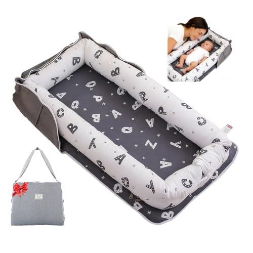 Image of Loevin Baby Lounger for Newborn Portable Bag,Baby Nest Play Gym mat with Strap,Newborn Lounger Adjustable Size & Inner Zipper Lengthen Space to 24 Months(Letter Gray)