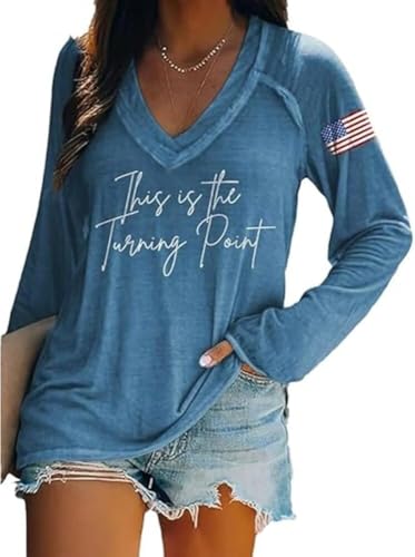 This is The Turning Point Print T-Shirt American Flag Tee V-Neck Retro Long Sleeve Tops