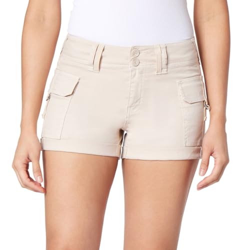 WallFlower Women's Luscious Curvy Twill Cargo Shorts 3" Mid-Rise Insta Stretch Juniors, Stone, 1