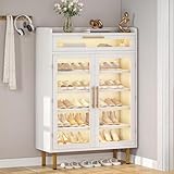 YITAHOME Shoe Cabinet Entryway, Modern Shoe Storage Acrylic with Drawer and LED Lights, Freestanding Shoe Organizer Narrow Farmhouse Shoe Rack for Living Room, White-LED