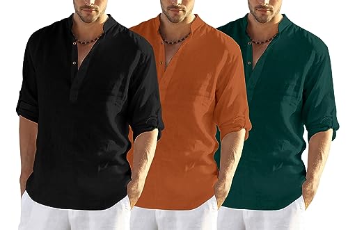 Image of Zombom Combo of Men's Solid Cotton Polyester Blend Full Sleeve Mandarin /Chinese Collor Straight Kurta Shirt (Pack of 3)