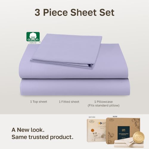 Image of Soft Natural 100% Cotton Sateen Twin Size Bed Sheets, 3 Pc Set, Lavender