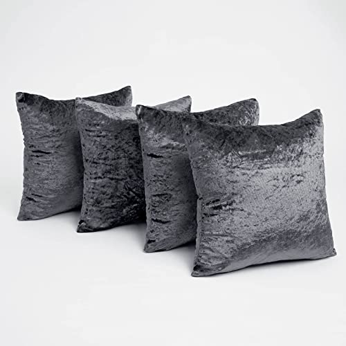 Sienna Crushed Velvet Pack of 4 Cushion Covers 18 x 18 for Living Room Bedroom Plain Decorative Luxury Home Bed Sofa - 45 x 45cm, Charcoal