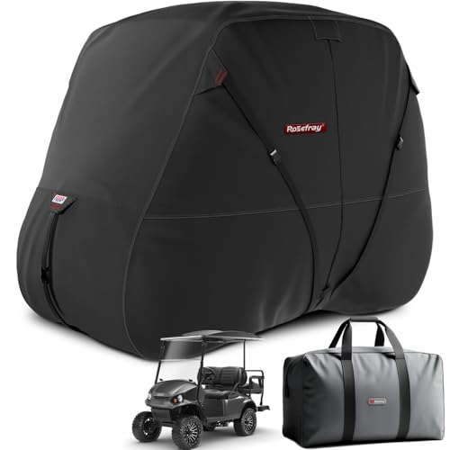 Rosefray Housse de chariot de golf 420D étanche innovante à 360 ° coupe-vent pour Club Car, EZgo, Yamaha, et plus encore pour voiturette de golf 2 + 2/4 passagers – Noir Rosefray Housse de chariot de golf 420D étanche innovante à 360 ° coupe-vent pour Club Car, EZgo, Yamaha, et plus encore pour voiturette de golf 2 + 2/4 passagers – Noir
