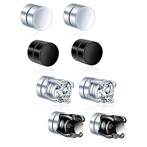 4 Pairs Stainless Steel Magnetic Stud Women Mens Earrings Cubic Zirconia Non Piercing Earrings 6mm Cover