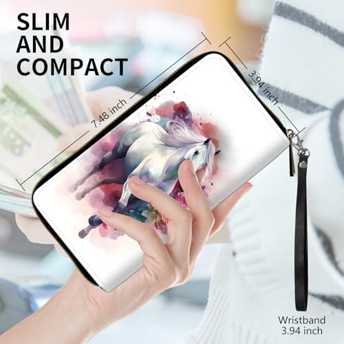 Womens Wallet, PU Leather RFID Cute Wristlet Wallets for Girls Women Ladies Purse Large Credit Card Clutch Purse Card Holder Coin Pocket Travel Wallets with Zipper, Watercolor White Horse2