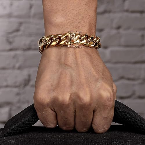 ROWIN&CO Stainless Steel Miami Cuban Link Bracelet for Men 15mm 18k Gold/Black/Silver/Rainbow Hip Hop Jewelry, Durable & Anti-Tarnish Cuban Chain, 8"-9.5" Inch, Pops Gifts For Fathers Boyfriends, Sons.3
