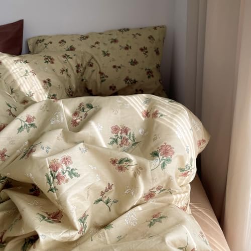 Image of MKXI Yellowish Beige & Red Floral Duvet Cover Set Twin Size - 3 Piece Vintage Country Bedding Set with Floral & Green Leaf Patterns, 100% Cotton Soft Aesthetic Duvet Cover with Ties & Pillowcases