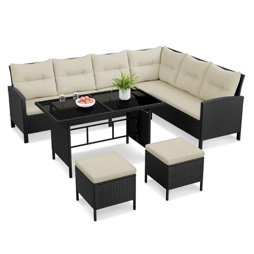 Yaheetech Ensemble Salon de Jardin en polyrotin Lot de Mobilier 4 Pièces Canapés Extérieur avec Table et Ottomans Meubles pour Balcon Terrasse Véranda Salon Noir/Beige