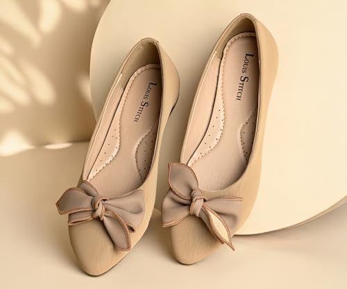 Image of LOUIS STITCH Women's Elegant Bow Ballerina Flats | Premium Closed-Toe Flat Sandals| Comfort Ballerina for Office & Everyday Style| LS-LDCF-012