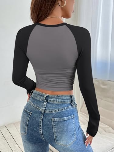 ATHMILE Womens Short Sleeve/Long Sleeve Cropped Tops Slim Fit Stretchy Color Block Slightly Shirts Y2k Fashion Clothes3