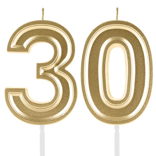 FUNCANDLE 30th Birthday Candles,Gold Number 30 Cake Topper Decoration Men Women Birthday Party Wedding Anniversary Celebration Supplies