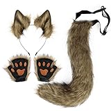 JUNBOON Faux Fur Cat Ears and Wolf Fox Tail Set Adult Claw Glove Kit for Halloween Anime Cosplay Party