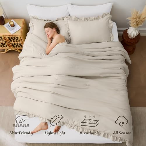 Image of FUANNA Full Size Comforter Sets Oatmeal, 3 Pieces Ruffle Full Size Bedding Sets, Fluffy Bed in a Bag Full for All Seasons, Shabby Chic Full Bed Set with 1 Lightweight Comforter & 2 Pillowshams