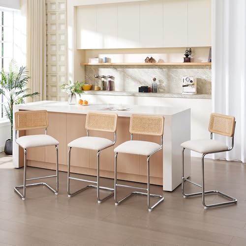 Image of Zesthouse Natural Rattan Counter Stools Set of 4, 26'' Mid Century Modern Counter Height Barstools with Solid Wood Back & Cane Mesh, Upholstered White Boucle Bar Stools for Kitchen Island, Chrome Base